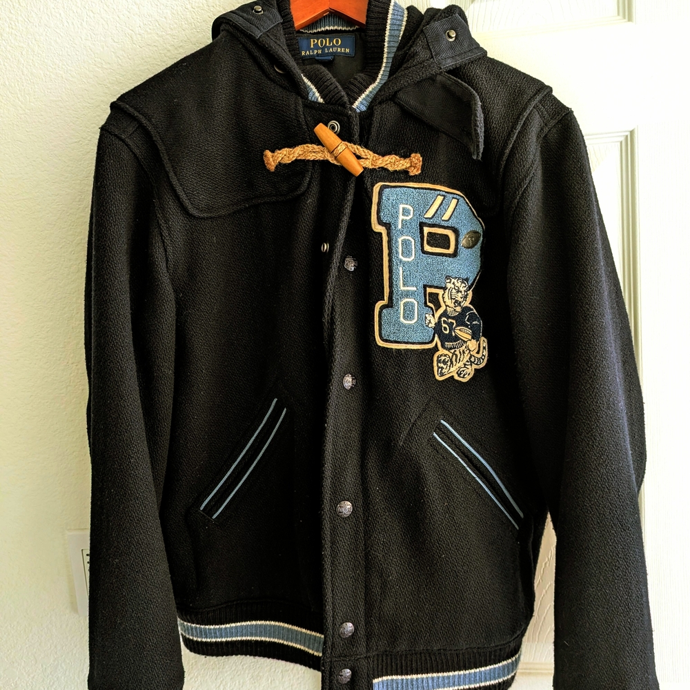 Polo by Ralph Lauren Black Bomber Jacket with Blue and Gold Accents